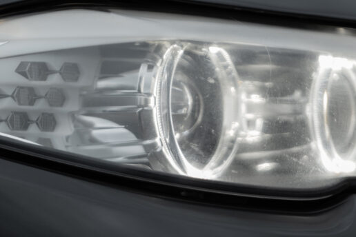 LED Headlights Service Close-up of a bright LED headlight on a car, representing professional LED headlight upgrades and installations by Nottingham Auto Electrics.